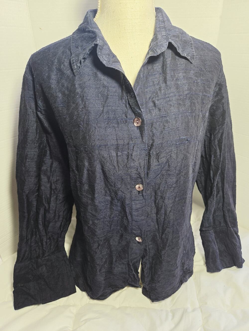 Anu XL Blue Long Sleeve Collared Women’s Button Down Shirt 100% Silk Coastal
